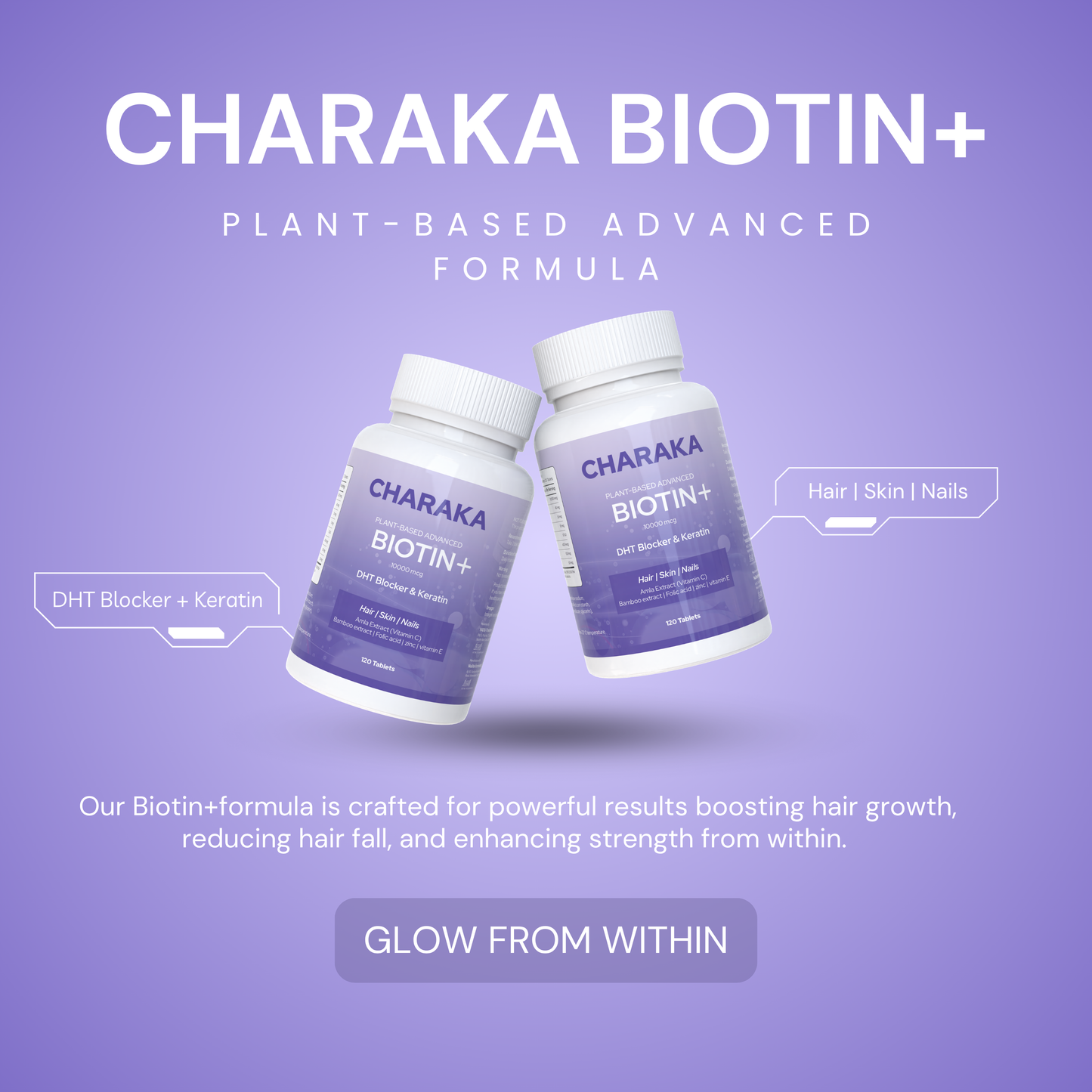 Charaka Biotin 10,000 mcg Tablets with DHT Blocker, Keratin, Amla, Bamboo Extract, Zinc & Vitamins – 120 Tablets | Hair Growth, Strong Nails & Glowing Skin | For Men & Women | Plant-Based Supplement