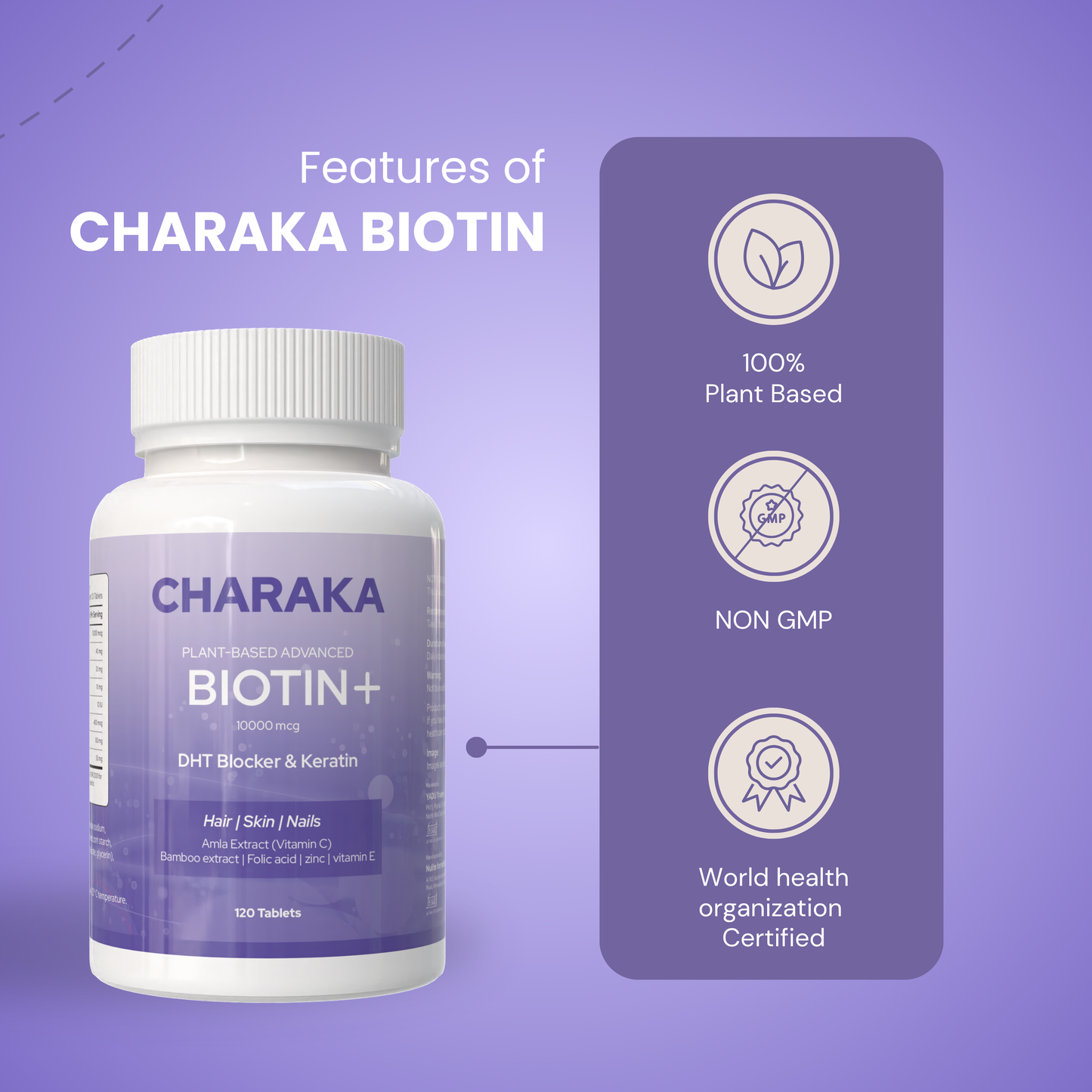Charaka Biotin 10,000 mcg Tablets with DHT Blocker, Keratin, Amla, Bamboo Extract, Zinc & Vitamins – 120 Tablets | Hair Growth, Strong Nails & Glowing Skin | For Men & Women | Plant-Based Supplement