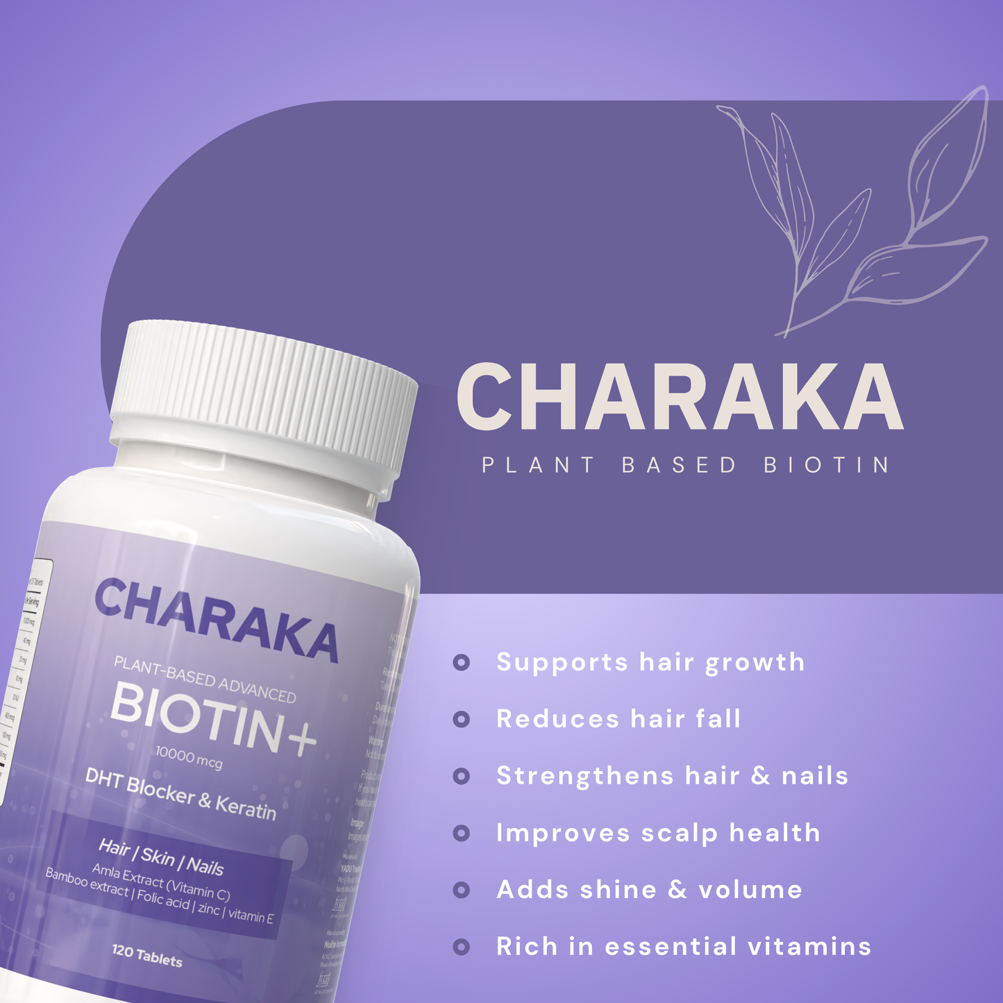 Charaka Biotin 10,000 mcg Tablets with DHT Blocker, Keratin, Amla, Bamboo Extract, Zinc & Vitamins – 120 Tablets | Hair Growth, Strong Nails & Glowing Skin | For Men & Women | Plant-Based Supplement